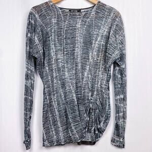 NIC+ZOE Ruched Linen Blend Batik Abstract Sweater XS Blue Ivory Knit